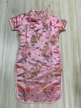 Kids Pink Floral Satin Cheongsam Dress